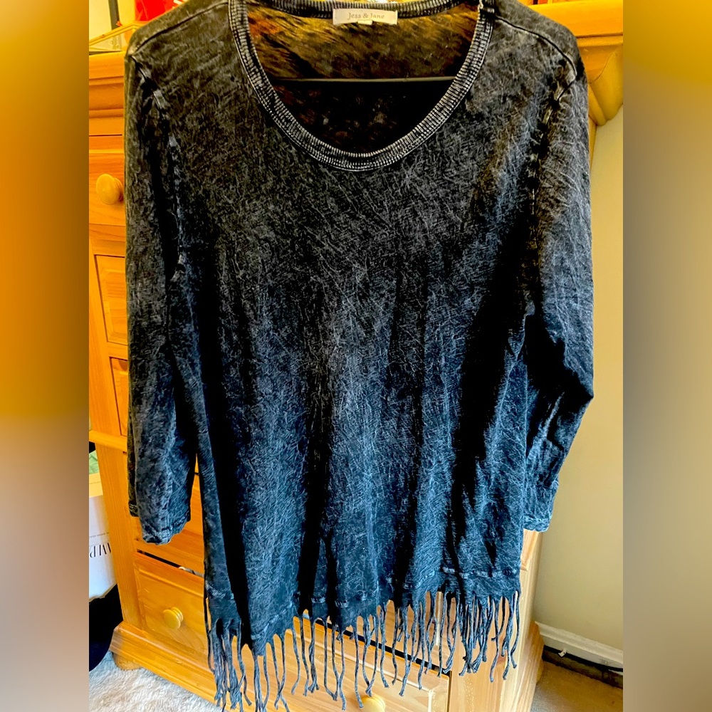 Fringe long sleeve denim wash shirt